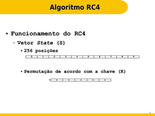 Algoritmo RC4


●   Funcionamento do RC4
    –   Vetor State (S)
         ●   256 posições
               0   1       2       3       4       5       6       7   8   9




         ●   Permutação de acordo com a chave (K)
                       K       x       x       x       x       x




                                                                               1
 