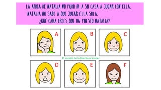 El sonido de la hierba al crecer
La amiga de Natalia no pudo ir a su casa a jugar con ella.
Natalia no sabe a que jugar ella sola.
¿Qué cara crees que ha puesto Natalia?
A B C
D E F
 