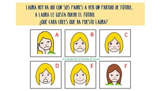 El sonido de la hierba al crecer
Laura hoy ha ido con sus padres a ver un partido de fútbol.
A Laura le gusta mucho el fútbol
¿Qué cara crees que ha puesto Laura?
A B C
D E F
 