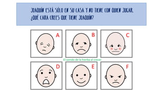 El sonido de la hierba al crecer
Joaquín está sólo en su casa y no tiene con quien jugar.
¿Qué cara crees que tiene Joaquín?
A B C
D E F
 