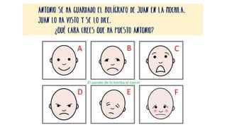 El sonido de la hierba al crecer
Antonio se ha guardado el bolígrafo de Juan en la mochila.
Juan lo ha visto y se lo dice.
¿Qué cara crees que ha puesto Antonio?
A B C
D E F
 