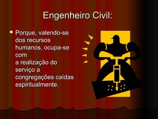 Engenheiro Civil:
 Porque, valendo-se
 dos recursos
 humanos, ocupa-se
 com
 a realização do
 serviço a
 congregações caídas
 espiritualmente.
 