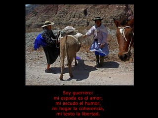 Soy guerrero:  mi espada es el amor,  mi escudo el humor,  mi hogar la coherencia,  mi texto la libertad.   