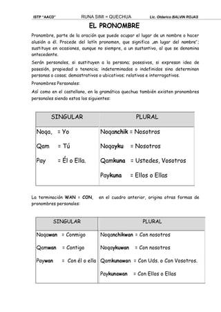 ISTP “AACD” RUNA SIMI = QUECHUA Lic. Oldarico BALVIN ROJAS
EL PRONOMBRE
Pronombre, parte de la oración que puede ocupar el lugar de un nombre o hacer
alusión a él. Procede del latín pronomen, que significa „en lugar del nombre‟;
sustituye en ocasiones, aunque no siempre, a un sustantivo, al que se denomina
antecedente.
Serán personales, si sustituyen a la persona; posesivos, si expresan idea de
posesión, propiedad o tenencia; indeterminados o indefinidos sino determinan
personas o cosas; demostrativos o ubicativos; relativos e interrogativos.
Pronombres Personales:
Así como en el castellano, en la gramática quechua también existen pronombres
personales siendo estos los siguientes:
La terminación WAN = CON, en el cuadro anterior, origina otras formas de
pronombres personales:
SINGULAR PLURAL
Noqa, = Yo
Qam = Tú
Pay = Él o Ella.
Noqanchik = Nosotros
Noqayku = Nosotros
Qamkuna = Ustedes, Vosotros
Paykuna = Ellos o Ellas
SINGULAR PLURAL
Noqawan = Conmigo
Qamwan = Contigo
Paywan = Con él o ella
Noqanchikwan = Con nosotros
Noqaykuwan = Con nosotros
Qamkunawan = Con Uds. o Con Vosotros.
Paykunawan = Con Ellos o Ellas
 