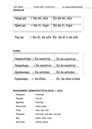 ISTP “AACD” RUNA SIMI = QUECHUA Lic. Oldarico BALVIN ROJAS
SINGULAR
Noqa pa = De mí, mío
Qam pa = De ti, tuyo
Es de mi, mío
Es de ti, tuyo
Pay pa = De él, de ella Es de él o de ella
PLURAL
Noqanchikpa = De nosotros
Noqaykupa = De nosotros
Qamkunapa = De ustedes
Paykunapa = De Ellos
Es de nosotros
Es de nosotros
Es de ustedes
Es de ellos o ellas
PRONOMBRES DEMOSTRATIVOS (WAN = CON)
Noqawan =conmigo
Paywan =con él
Qanwan =Contigo
Chay kuna =esas, esos
Chay. =ese, esa, eso
Chaywan =con ese, con esa, con eso.
Kay =este, esta, esto
Kay kuna =estas, estos
 