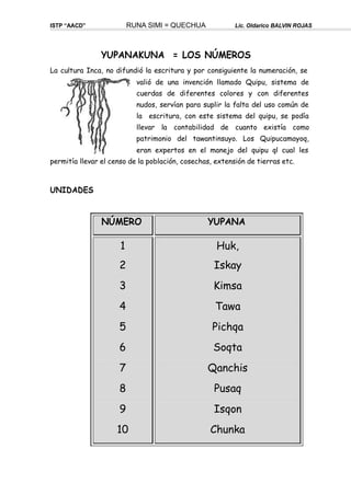 ISTP “AACD” RUNA SIMI = QUECHUA Lic. Oldarico BALVIN ROJAS
YUPANAKUNA = LOS NÚMEROS
La cultura Inca, no difundió la escritura y por consiguiente la numeración, se
valió de una invención llamado Quipu, sistema de
cuerdas de diferentes colores y con diferentes
nudos, servían para suplir la falta del uso común de
la escritura, con este sistema del quipu, se podía
llevar la contabilidad de cuanto existía como
patrimonio del tawantinsuyo. Los Quipucamayoq,
eran expertos en el manejo del quipu ql cual les
permitía llevar el censo de la población, cosechas, extensión de tierras etc.
UNIDADES
NÚMERO YUPANA
1
2
3
4
5
6
7
8
9
10
Huk,
Iskay
Kimsa
Tawa
Pichqa
Soqta
Qanchis
Pusaq
Isqon
Chunka
 
