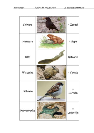 ISTP “AACD” RUNA SIMI = QUECHUA Lic. Oldarico BALVIN ROJAS
Chiwako = Zorzal
Hampato = Sapo
Ulto Batracio
Wiscacha = Conejo
Pichiwsa
=
Gorrión
Harrarranka
=
Lagartija
 
