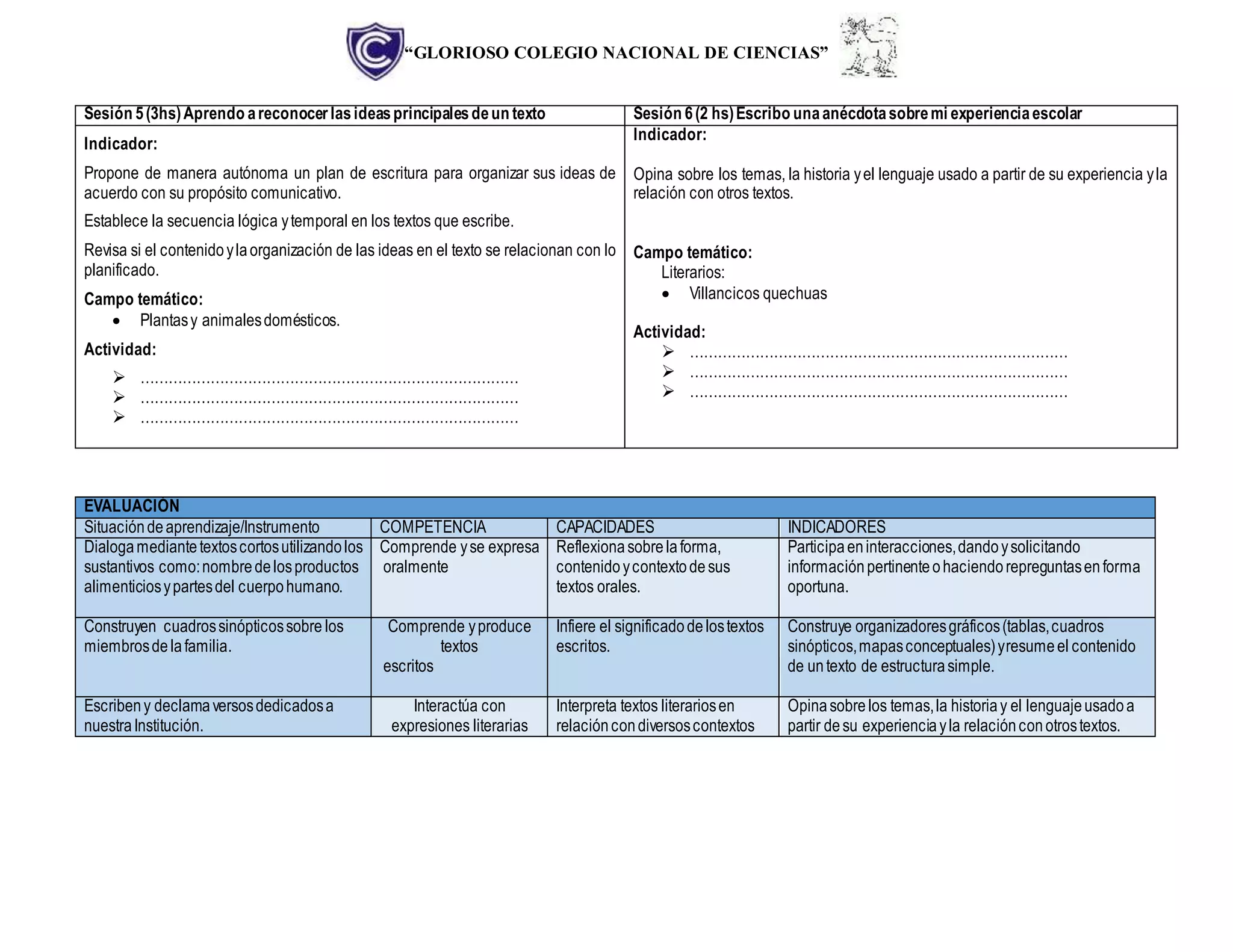 “GLORIOSO COLEGIO NACIONAL DE CIENCIAS”
Sesión 5(3hs)Aprendo areconocerlasideasprincipalesdeun texto Sesión 6(2 hs)Escribo unaanécdotasobremi experienciaescolar
Indicador:
Propone de manera autónoma un plan de escritura para organizar sus ideas de
acuerdo con su propósito comunicativo.
Establece la secuencia lógica ytemporal en los textos que escribe.
Revisa si el contenidoylaorganización de las ideas en el texto se relacionan con lo
planificado.
Campo temático:
 Plantasy animalesdomésticos.
Actividad:
 ………………………………………………………………………
 ………………………………………………………………………
 ………………………………………………………………………
Indicador:
Opina sobre los temas, la historia yel lenguaje usado a partir de su experiencia yla
relación con otros textos.
Campo temático:
Literarios:
 Villancicos quechuas
Actividad:
 ………………………………………………………………………
 ………………………………………………………………………
 ………………………………………………………………………
EVALUACIÓN
Situacióndeaprendizaje/Instrumento COMPETENCIA CAPACIDADES INDICADORES
Dialogamediantetextoscortosutilizandolos
sustantivos como:nombredelosproductos
alimenticiosypartesdel cuerpohumano.
Comprende yse expresa
oralmente
Reflexionasobrelaforma,
contenidoycontextodesus
textos orales.
Participaeninteracciones,dandoysolicitando
informaciónpertinenteohaciendorepreguntasenforma
oportuna.
Construyen cuadrossinópticossobre los
miembrosdelafamilia.
Comprende yproduce
textos
escritos
Infiere el significadodelostextos
escritos.
Construye organizadoresgráficos(tablas,cuadros
sinópticos,mapasconceptuales)yresumeel contenido
de untexto de estructurasimple.
Escribeny declamaversosdedicadosa
nuestraInstitución.
Interactúa con
expresiones literarias
Interpreta textos literariosen
relacióncondiversoscontextos
Opinasobrelos temas,la historiay el lenguajeusadoa
partir desu experienciayla relaciónconotrostextos.
 