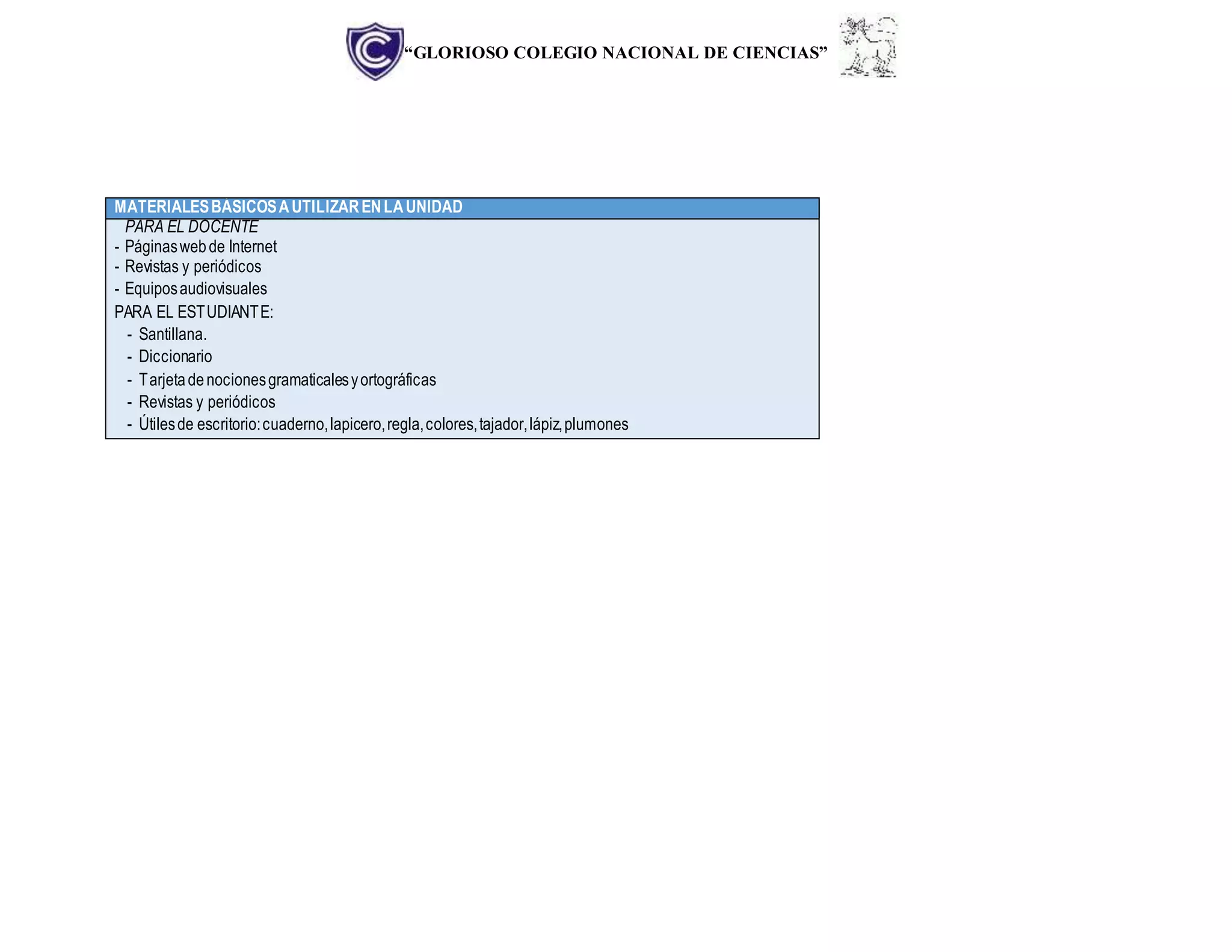 “GLORIOSO COLEGIO NACIONAL DE CIENCIAS”
MATERIALESBÁSICOSAUTILIZARENLAUNIDAD
PARA EL DOCENTE
- Páginaswebde Internet
- Revistas y periódicos
- Equiposaudiovisuales
PARA EL ESTUDIANTE:
- Santillana.
- Diccionario
- Tarjetadenocionesgramaticalesyortográficas
- Revistas y periódicos
- Útilesde escritorio:cuaderno,lapicero,regla,colores,tajador,lápiz,plumones
 