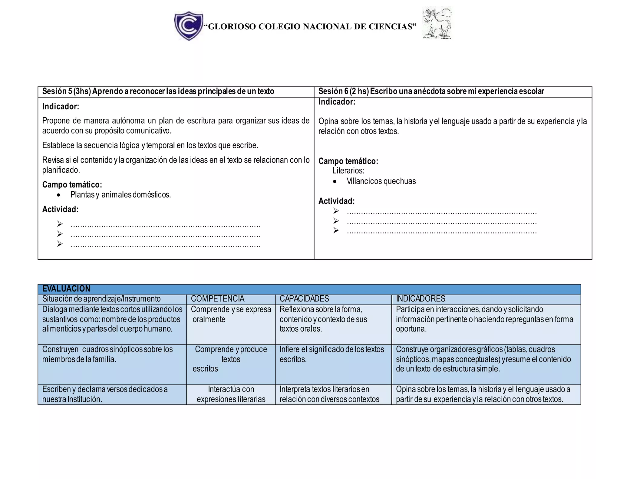 “GLORIOSO COLEGIO NACIONAL DE CIENCIAS”
Sesión 5(3hs)Aprendo areconocerlasideasprincipalesdeun texto Sesión 6(2 hs)Escribo unaanécdotasobremi experienciaescolar
Indicador:
Propone de manera autónoma un plan de escritura para organizar sus ideas de
acuerdo con su propósito comunicativo.
Establece la secuencia lógica ytemporal en los textos que escribe.
Revisa si el contenidoylaorganización de las ideas en el texto se relacionan con lo
planificado.
Campo temático:
 Plantasy animalesdomésticos.
Actividad:
 ………………………………………………………………………
 ………………………………………………………………………
 ………………………………………………………………………
Indicador:
Opina sobre los temas, la historia yel lenguaje usado a partir de su experiencia yla
relación con otros textos.
Campo temático:
Literarios:
 Villancicos quechuas
Actividad:
 ………………………………………………………………………
 ………………………………………………………………………
 ………………………………………………………………………
EVALUACIÓN
Situacióndeaprendizaje/Instrumento COMPETENCIA CAPACIDADES INDICADORES
Dialogamediantetextoscortosutilizandolos
sustantivos como:nombredelosproductos
alimenticiosypartesdel cuerpohumano.
Comprende yse expresa
oralmente
Reflexionasobrelaforma,
contenidoycontextodesus
textos orales.
Participaeninteracciones,dandoysolicitando
informaciónpertinenteohaciendorepreguntasen forma
oportuna.
Construyen cuadrossinópticossobre los
miembrosdelafamilia.
Comprende yproduce
textos
escritos
Infiere el significadodelostextos
escritos.
Construye organizadoresgráficos(tablas,cuadros
sinópticos,mapasconceptuales)yresume elcontenido
de untexto de estructurasimple.
Escribeny declamaversosdedicadosa
nuestraInstitución.
Interactúa con
expresiones literarias
Interpreta textos literariosen
relacióncondiversoscontextos
Opinasobrelos temas,la historiay el lenguajeusadoa
partir desu experienciayla relaciónconotrostextos.
 