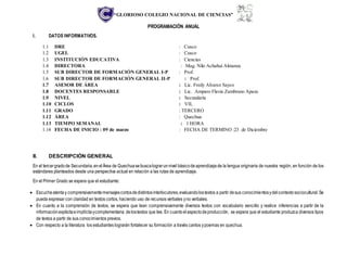 “GLORIOSO COLEGIO NACIONAL DE CIENCIAS”
PROGRAMACIÓN ANUAL
I. DATOS INFORMATIVOS.
1.1 DRE : Cusco
1.2 UGEL : Cusco
1.3 INSTITUCIÓN EDUCATIVA : Ciencias
1.4 DIRECTORA : Mag. Nilo Achahui Almanza
1.5 SUB DIRECTOR DE FORMACIÓN GENERAL I-P : Prof.
1.6 SUB DIRECTOR DE FORMACIÓN GENERAL II-P : Prof.
1.7 ASESOR DE ÁREA : Lic. Fredy Alvarez Sayco
1.8 DOCENTES RESPONSABLE : Lic. Amparo Flavia Zambrano Apaza
1.9 NIVEL : Secundaria
1.10 CICLOS : VII,
1.11 GRADO : TERCERO
1.12 ÁREA : Quechua
1.13 TIEMPO SEMANAL : 1 HORA
1.14 FECHA DE INICIO : 09 de marzo : FECHA DE TERMINO :23 de Diciembre
II. DESCRIPCIÓN GENERAL
En el tercergradode Secundaria,enelÁrea de Quechuasebuscalograrunnivel básicodeaprendizajede la lengua originaria de nuestra región, en función de los
estándares planteados desde una perspectiva actual en relación a las rutas de aprendizaje.
En el Primer Grado se espera que el estudiante:
 Escucheatentay comprensivamentemensajescortosdedistintosinterlocutores,evaluandolostextos a partir desus conocimientosydelcontextosociocultural.Se
pueda expresar con claridad en textos cortos, haciendo uso de recursos verbales yno verbales.
 En cuanto a la comprensión de textos, se espera que lean comprensivamente diversos textos con vocabulario sencillo y realice inferencias a partir de la
informaciónexplicitaeimplícitaycomplementaria delostextos que lee. En cuantoelaspectodeproducción, se espera que el estudiante produzca diversos tipos
de textos a partir de sus conocimientos previos.
 Con respecto a la literatura los estudiantes lograrán fortalecer su formación a través cantos ypoemas en quechua.
 