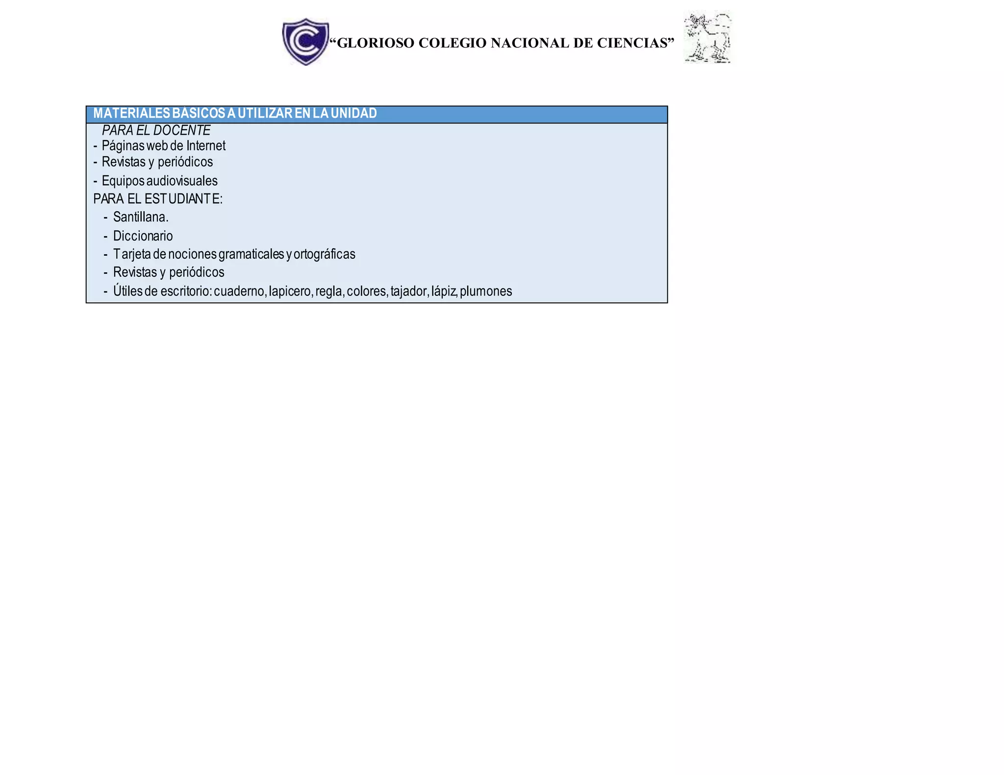 “GLORIOSO COLEGIO NACIONAL DE CIENCIAS”
MATERIALESBÁSICOSAUTILIZARENLAUNIDAD
PARA EL DOCENTE
- Páginaswebde Internet
- Revistas y periódicos
- Equiposaudiovisuales
PARA EL ESTUDIANTE:
- Santillana.
- Diccionario
- Tarjetadenocionesgramaticalesyortográficas
- Revistas y periódicos
- Útilesde escritorio:cuaderno,lapicero,regla,colores,tajador,lápiz,plumones
 