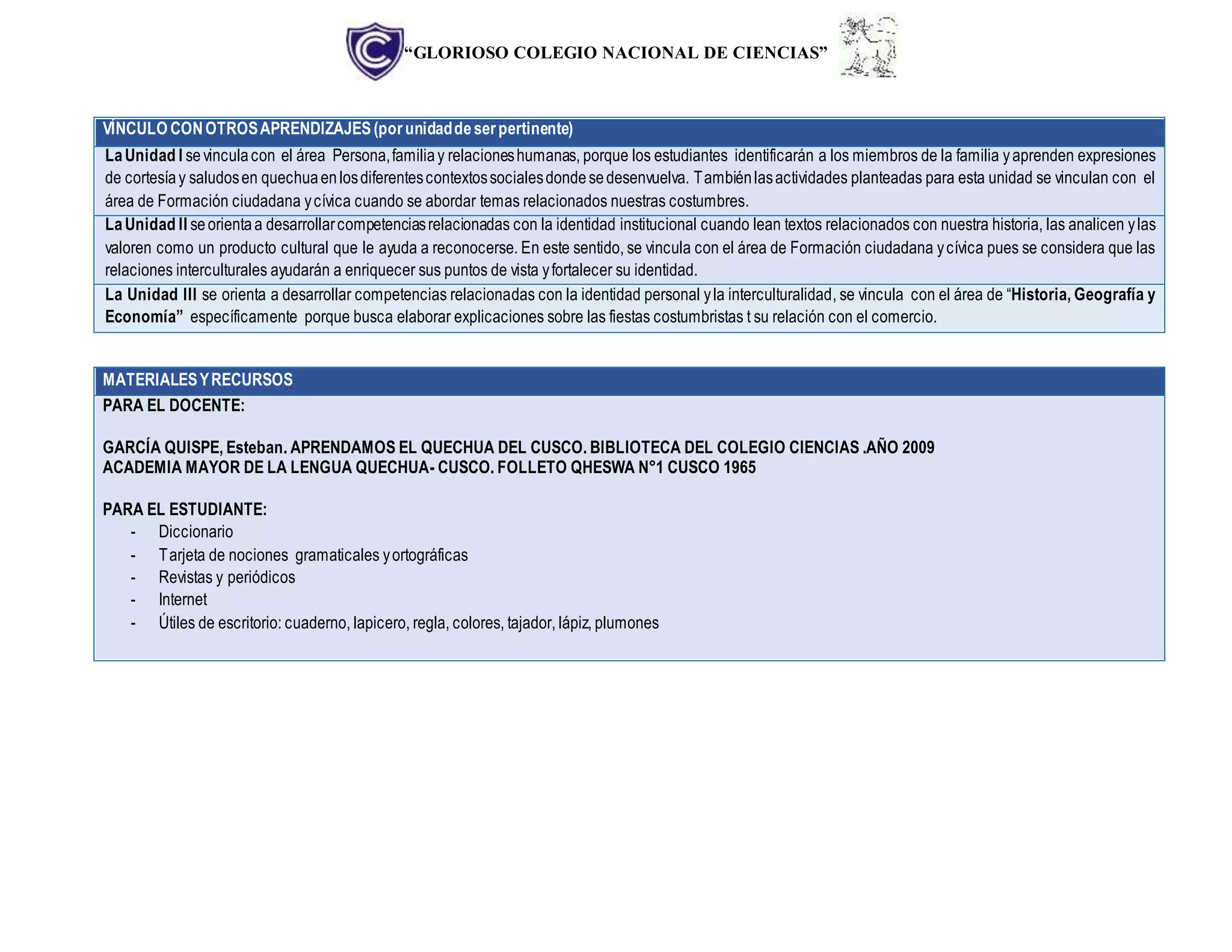 “GLORIOSO COLEGIO NACIONAL DE CIENCIAS”
VÍNCULO CONOTROSAPRENDIZAJES(porunidaddeserpertinente)
LaUnidad I sevinculacon el área Persona,familiay relacioneshumanas, porque los estudiantes identificarán a los miembros de la familia yaprenden expresiones
de cortesíay saludosen quechuaenlosdiferentescontextossocialesdondesedesenvuelva. Tambiénlasactividades planteadas para esta unidad se vinculan con el
área de Formación ciudadana ycívica cuando se abordar temas relacionados nuestras costumbres.
LaUnidad II seorientaa desarrollarcompetenciasrelacionadas con la identidad institucional cuando lean textos relacionados con nuestra historia, las analicen ylas
valoren como un producto cultural que le ayuda a reconocerse. En este sentido, se vincula con el área de Formación ciudadana ycívica pues se considera que las
relaciones interculturales ayudarán a enriquecer sus puntos de vista yfortalecer su identidad.
La Unidad III se orienta a desarrollar competencias relacionadas con la identidad personal yla interculturalidad, se vincula con el área de “Historia, Geografía y
Economía” específicamente porque busca elaborar explicaciones sobre las fiestas costumbristas t su relación con el comercio.
MATERIALESYRECURSOS
PARA EL DOCENTE:
GARCÍA QUISPE, Esteban. APRENDAMOS EL QUECHUA DEL CUSCO. BIBLIOTECA DEL COLEGIO CIENCIAS .AÑO 2009
ACADEMIA MAYOR DE LA LENGUA QUECHUA- CUSCO. FOLLETO QHESWA N°1 CUSCO 1965
PARA EL ESTUDIANTE:
- Diccionario
- Tarjeta de nociones gramaticales yortográficas
- Revistas y periódicos
- Internet
- Útiles de escritorio: cuaderno, lapicero, regla, colores, tajador, lápiz, plumones
 