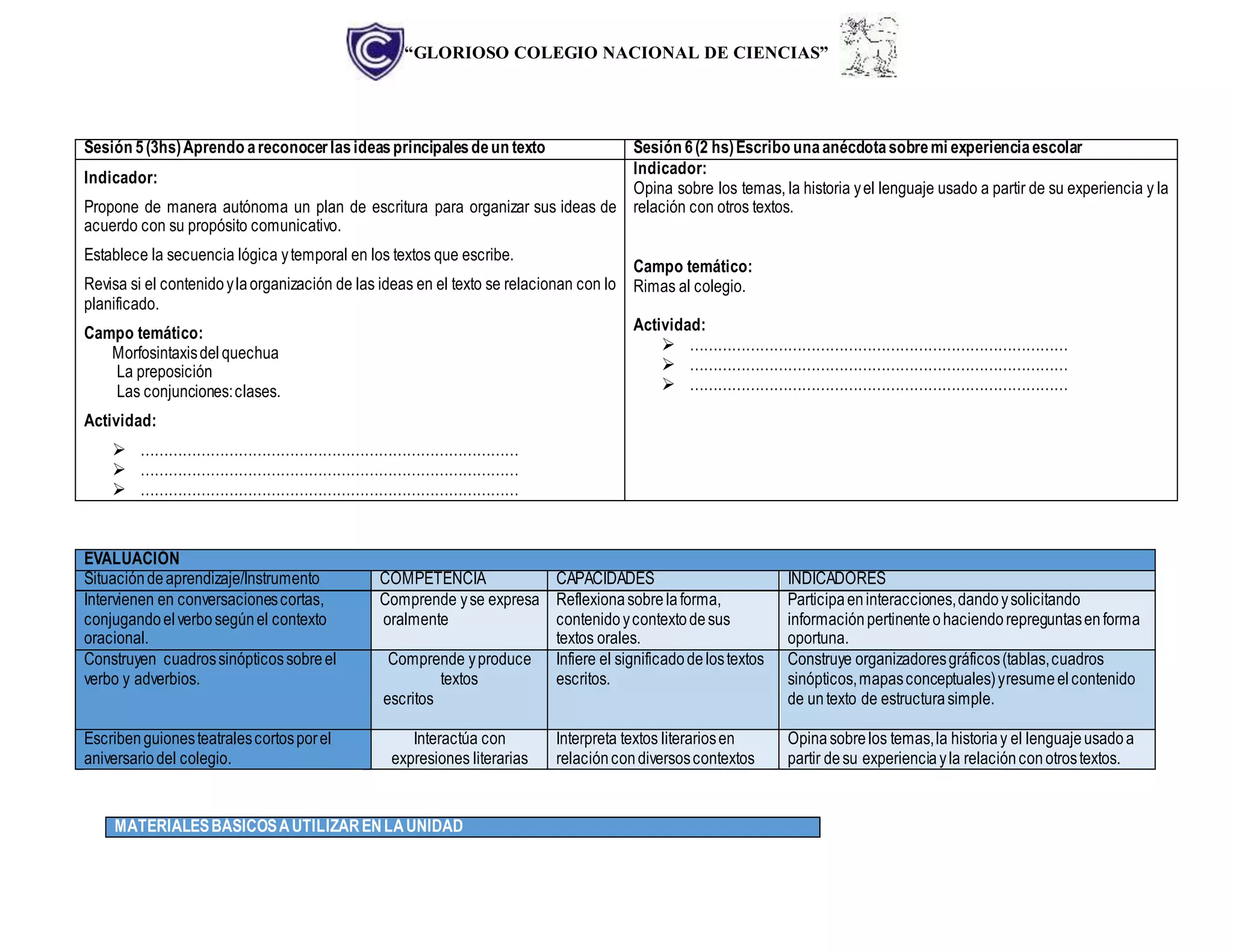 “GLORIOSO COLEGIO NACIONAL DE CIENCIAS”
Sesión 5(3hs)Aprendo areconocerlasideasprincipalesdeun texto Sesión 6(2 hs)Escribo unaanécdotasobremi experienciaescolar
Indicador:
Propone de manera autónoma un plan de escritura para organizar sus ideas de
acuerdo con su propósito comunicativo.
Establece la secuencia lógica ytemporal en los textos que escribe.
Revisa si el contenidoylaorganización de las ideas en el texto se relacionan con lo
planificado.
Campo temático:
Morfosintaxisdelquechua
La preposición
Las conjunciones:clases.
Actividad:
 ………………………………………………………………………
 ………………………………………………………………………
 ………………………………………………………………………
Indicador:
Opina sobre los temas, la historia yel lenguaje usado a partir de su experiencia y la
relación con otros textos.
Campo temático:
Rimas al colegio.
Actividad:
 ………………………………………………………………………
 ………………………………………………………………………
 ………………………………………………………………………
EVALUACIÓN
Situacióndeaprendizaje/Instrumento COMPETENCIA CAPACIDADES INDICADORES
Intervienen en conversacionescortas,
conjugandoel verbosegúnel contexto
oracional.
Comprende yse expresa
oralmente
Reflexionasobrelaforma,
contenidoycontextodesus
textos orales.
Participaeninteracciones,dandoysolicitando
informaciónpertinenteohaciendorepreguntasenforma
oportuna.
Construyen cuadrossinópticossobreel
verbo y adverbios.
Comprende yproduce
textos
escritos
Infiere el significadodelostextos
escritos.
Construye organizadoresgráficos(tablas,cuadros
sinópticos,mapasconceptuales)yresumeelcontenido
de untexto de estructurasimple.
Escribenguionesteatralescortosporel
aniversariodel colegio.
Interactúa con
expresiones literarias
Interpreta textos literariosen
relacióncondiversoscontextos
Opinasobrelos temas,la historiay el lenguajeusadoa
partir desu experienciayla relaciónconotrostextos.
MATERIALESBÁSICOSAUTILIZARENLAUNIDAD
 