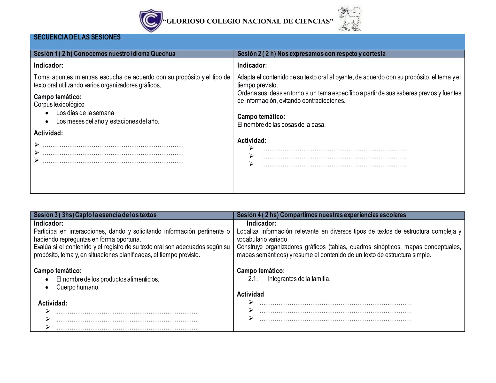 “GLORIOSO COLEGIO NACIONAL DE CIENCIAS”
SECUENCIADELAS SESIONES
Sesión 1( 2 h) Conocemosnuestro idiomaQuechua Sesión 2( 2 h) Nosexpresamoscon respeto ycortesía
Indicador:
Toma apuntes mientras escucha de acuerdo con su propósito y el tipo de
texto oral utilizando varios organizadores gráficos.
Campo temático:
Corpuslexicológico
 Los días de lasemana
 Los mesesdelañoy estacionesdelaño.
Actividad:
 …………………………………………………………………
 …………………………………………………………………
 …………………………………………………………………
Indicador:
Adapta el contenidodesu texto oral al oyente, de acuerdo con su propósito, el tema yel
tiempo previsto.
Ordenasus ideasentorno a un temaespecíficoapartirde sus saberes previos y fuentes
de información, evitando contradicciones.
Campo temático:
El nombredelas cosasdela casa.
Actividad:
 ……………………………………………………………………
 ……………………………………………………………………
 ……………………………………………………………………
Sesión 3( 3hs)Capto laesenciadelostextos Sesión 4( 2 hs) Compartimosnuestrasexperienciasescolares
Indicador:
Participa en interacciones, dando y solicitando información pertinente o
haciendo repreguntas en forma oportuna.
Evalúa si el contenido y el registro de su texto oral son adecuados según su
propósito, tema y, en situaciones planificadas, el tiempo previsto.
Campo temático:
 El nombredelos productosalimenticios.
 Cuerpohumano.
Actividad:
 …………………………………………………………………
 …………………………………………………………………
 …………………………………………………………………
Indicador:
Localiza información relevante en diversos tipos de textos de estructura compleja y
vocabulario variado.
Construye organizadores gráficos (tablas, cuadros sinópticos, mapas conceptuales,
mapas semánticos) yresume el contenido de un texto de estructura simple.
Campo temático:
2.1. Integrantes dela familia.
Actividad
 ………………………………………………………………………
 ………………………………………………………………………
 ………………………………………………………………………
 