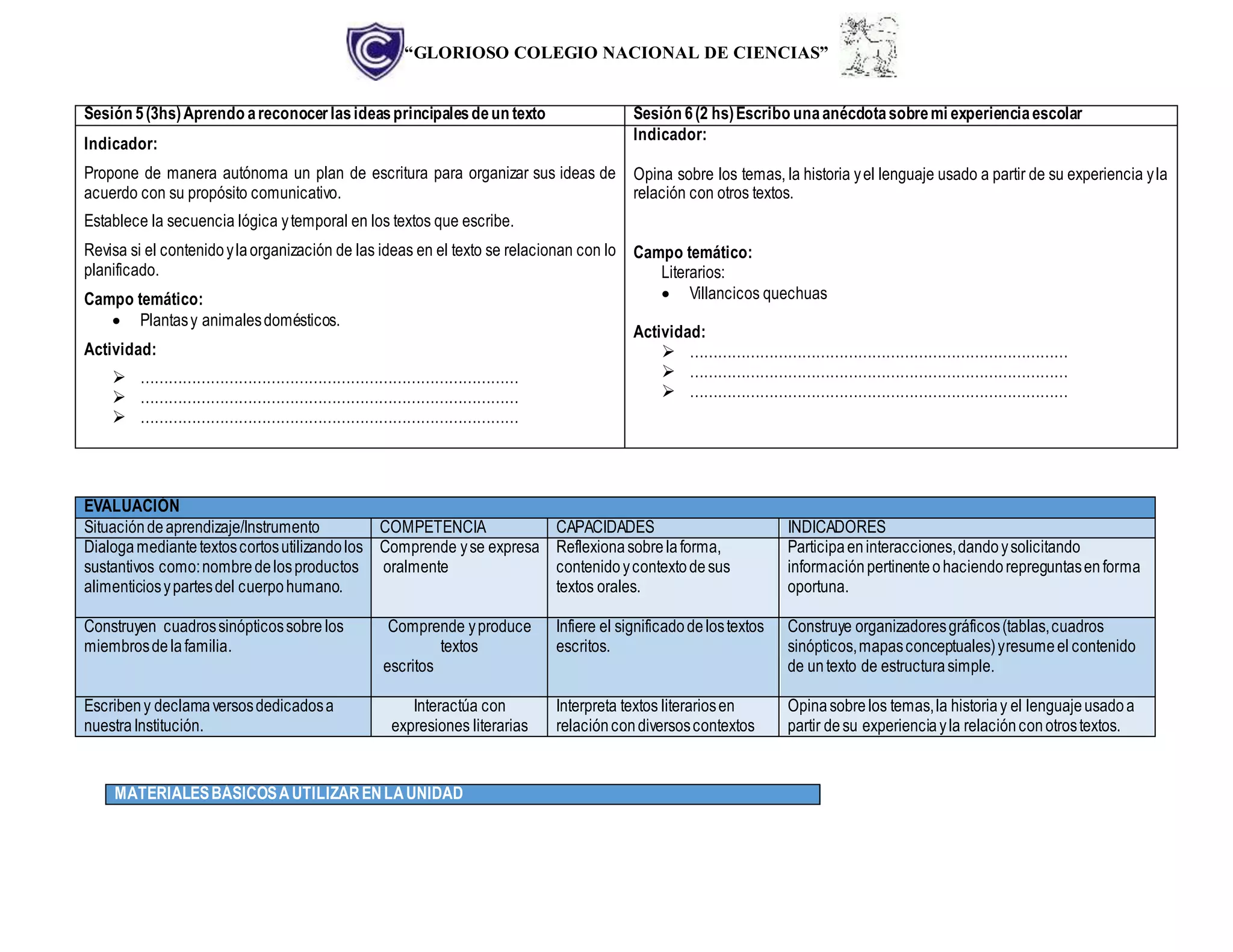 “GLORIOSO COLEGIO NACIONAL DE CIENCIAS”
Sesión 5(3hs)Aprendo areconocerlasideasprincipalesdeun texto Sesión 6(2 hs)Escribo unaanécdotasobremi experienciaescolar
Indicador:
Propone de manera autónoma un plan de escritura para organizar sus ideas de
acuerdo con su propósito comunicativo.
Establece la secuencia lógica ytemporal en los textos que escribe.
Revisa si el contenidoylaorganización de las ideas en el texto se relacionan con lo
planificado.
Campo temático:
 Plantasy animalesdomésticos.
Actividad:
 ………………………………………………………………………
 ………………………………………………………………………
 ………………………………………………………………………
Indicador:
Opina sobre los temas, la historia yel lenguaje usado a partir de su experiencia yla
relación con otros textos.
Campo temático:
Literarios:
 Villancicos quechuas
Actividad:
 ………………………………………………………………………
 ………………………………………………………………………
 ………………………………………………………………………
EVALUACIÓN
Situacióndeaprendizaje/Instrumento COMPETENCIA CAPACIDADES INDICADORES
Dialogamediantetextoscortosutilizandolos
sustantivos como:nombredelosproductos
alimenticiosypartesdel cuerpohumano.
Comprende yse expresa
oralmente
Reflexionasobrelaforma,
contenidoycontextodesus
textos orales.
Participaeninteracciones,dandoysolicitando
informaciónpertinenteohaciendorepreguntasenforma
oportuna.
Construyen cuadrossinópticossobre los
miembrosdelafamilia.
Comprende yproduce
textos
escritos
Infiere el significadodelostextos
escritos.
Construye organizadoresgráficos(tablas,cuadros
sinópticos,mapasconceptuales)yresumeel contenido
de untexto de estructurasimple.
Escribeny declamaversosdedicadosa
nuestraInstitución.
Interactúa con
expresiones literarias
Interpreta textos literariosen
relacióncondiversoscontextos
Opinasobrelos temas,la historiay el lenguajeusadoa
partir desu experienciayla relaciónconotrostextos.
MATERIALESBÁSICOSAUTILIZARENLAUNIDAD
 
