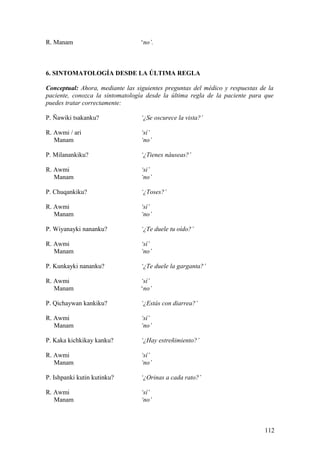 R. Manam ‘no’.
6. SINTOMATOLOGÍA DESDE LA ÚLTIMA REGLA
Conceptual: Ahora, mediante las siguientes preguntas del médico y respuestas de la
paciente, conozca la sintomatología desde la última regla de la paciente para que
puedes tratar correctamente:
P. Ñawiki tsakanku? ‘¿Se oscurece la vista?’
R. Awmi / ari ‘sí’
Manam ‘no’
P. Milanankiku? ‘¿Tienes náuseas?’
R. Awmi ‘si’
Manam ‘no’
P. Chuqankiku? ‘¿Toses?’
R. Awmi ‘sí’
Manam ‘no’
P. Wiyanayki nananku? ‘¿Te duele tu oído?’
R. Awmi ‘sí’
Manam ‘no’
P. Kunkayki nananku? ‘¿Te duele la garganta?’
R. Awmi ‘sí’
Manam ‘no’
P. Qichaywan kankiku? ‘¿Estás con diarrea?’
R. Awmi ‘sí’
Manam ‘no’
P. Kaka kichkikay kanku? ‘¿Hay estreñimiento?’
R. Awmi ‘sí’
Manam ‘no’
P. Ishpanki kutin kutinku? ‘¿Orinas a cada rato?’
R. Awmi ‘sí’
Manam ‘no’
112
 