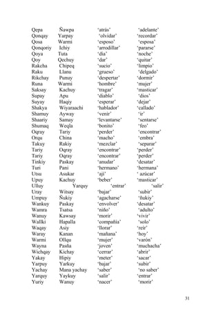 Qepa Ñawpa ‘atrás’ ‘adelante’
Qonqay Yarpay ‘olvidar’ ‘recordar’
Qosa Warmi ‘esposo’ ‘esposa’
Qonqoriy Ichiy ‘arrodillar’ ‘pararse’
Qoya Tuta ‘día’ ‘noche’
Qoy Qechuy ‘dar’ ‘quitar’
Rakcha Chipeq ‘sucio’ ‘limpio’
Raku Llanu ‘grueso’ ‘delgado’
Rikchay Punuy ‘despertar’ ‘dormir’
Runa Warmi ‘hombre’ ‘mujer’
Saksay Kachuy ‘tragar’ ‘masticar’
Supay Apu ‘diablo’ ‘dios’
Suyay Haqiy ‘esperar’ ‘dejar’
Shakya Wiyaraachi ‘hablador’ ‘callado’
Shamuy Ayway ‘venir’ ‘ir’
Shaariy Samay ‘levantarse’ ‘sentarse’
Shumaq Weqla ‘bonito’ ‘feo’
Oqray Tariy ‘perder’ ‘encontrar’
Orqu China ‘macho’ ‘embra’
Takuy Rakiy ‘mezclar’ ‘separar’
Tariy Oqray ‘encontrar’ ‘perder’
Tariy Oqray ‘encontrar’ ‘perder’
Tinkiy Paskay ‘anudar’ ‘desatar’
Turi Pani ‘hermano’ ‘hermana’
Utsu Asukar ‘ají’ ‘ azúcar’
Upuy Kachuy ‘beber’ ‘masticar’
Ulluy Yarquy ‘entrar’ ‘salir’
Uray Witsay ‘bajar’ ‘subir’
Umpuy Ñukiy ‘agacharse’ ‘ñukiy’
Wankuy Paskay ‘envolver’ ‘desatar’
Wamra Tsatsa ‘niño’ ‘adulto’
Wanuy Kawsay ‘morir’ ‘vivir’
Wallki Hapalla ‘compañía’ ‘solo’
Waqay Asiy ‘llorar’ ‘reír’
Waray Kanan ‘mañana’ ‘hoy’
Warmi Ollqu ‘mujer’ ‘varón’
Wayna Pasña ‘joven’ ‘muchacha’
Wichqay Kichay ‘cerrar’ ‘abrir’
Yakay Hipiy ‘meter’ ‘sacar’
Yarpuy Yarkuy ‘bajar’ ‘subir’
Yachay Mana yachay ‘saber’ ‘no saber’
Yarquy Yaykuy ‘salir’ ‘entrar’
Yuriy Wanuy ‘nacer’ ‘morir’
31
 