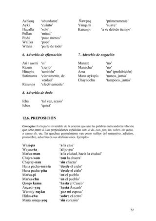 Achkaq ‘abundante’ Ñawpaq ‘primeramente’
Ayka ‘cuánto’ Yanqalla ‘suave’
Hapalla ‘solo’ Kananpi ‘a su debido tiempo’
Pullan ‘mitad’
Pishi ‘poco menos’
Wallka ‘poco’
Wakin ‘parte de todo’
6. Adverbio de afirmación 7. Adverbio de negación
Ari / awmi ‘sí’ Manam ‘no’
Razun ‘cierto’ Manachu’ ‘no’
Hinapis ‘también’ Ama ‘no’ (prohibición)
Sutimanta ‘ciertamente, de Mana aykapis ‘nunca, jamás’
verdad’ Chaynochu ‘tampoco, jamás’
Rasunpa ‘efectivamente’
8. Adverbio de duda
Icha ‘tal vez, acaso’
Ichas ‘quizá’
12.6. PREPOSICIÓN
Concepto: Es la parte invariable de la oración que une las palabras indicando la relación
que tiene entre sí. Las preposiciones españolas son: a, de, con, por, sin, sobre, en, junto,
a causa de, etc. En quechua generalmente van como sufijos del sustantivo, adjetivo,
pronombre, adverbio en sus declinaciones. Ejemplos:
Wasi-pa ‘a la casa’
Wayna-ta ‘al joven’
Marka-man ‘a la ciudad, hacia la ciudad’
Chajra-wan ‘con la chacra’
Chajray-nan ‘sin chacra’
Hana pacha-manta ‘desde el cielo’
Hana pacha-pita ‘desde el cielo’
Marka-pi ‘en el pueblo
Marka-chu ‘en el pueblo’
Qosqo kama ‘hasta el Cusco’
Ancash-yaq ‘hasta Áncash’
Warmiy-rayku ‘por mi esposa’
Hirka-chu ‘sobre el cerro’
Mana sonqu-yoq ‘sin corazón’
52
 