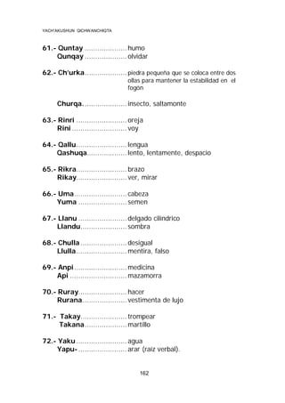 YACH’AKUSHUN QICHWANCHIQTA

61.- Quntay .................... humo
Qunqay .................... olvidar
62.- Ch’urka.................... piedra pequeña que se coloca entre dos
ollas para mantener la estabilidad en el
fogón

Churqa. .................... insecto, saltamonte
63.- Rinri ........................ oreja
Rini .......................... voy
64.- Qallu........................ lengua
Qashuqa................... lento, lentamente, despacio
65.- Rikra........................ brazo
Rikay........................ ver, mirar
66.- Uma......................... cabeza
Yuma ....................... semen
67.- Llanu ....................... delgado cilíndrico
Llandu...................... sombra
68.- Chulla ...................... desigual
Llulla........................ mentira, falso
69.- Anpi ......................... medicina
Api ........................... mazamorra
70.- Ruray....................... hacer
Rurana..................... vestimenta de lujo
71.- Takay...................... trompear
Takana.................... martillo
72.- Yaku ........................ agua
Yapu- ....................... arar (raíz verbal).

162

 