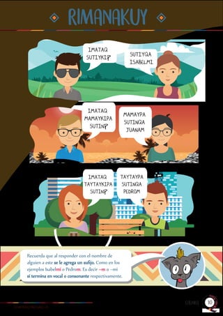 RIMANAKUY
CHAYRAQ YACHAQ I-II
Recuerda que al responder con el nombre de
alguien a este se le agrega un suﬁjo. Como en los
ejemplos Isabelmi o Pedrom. Es decir –m o –mi
si termina en vocal o consonante respectivamente.
IMATAQ
SUTIYKI?
IMATAQ
MAMAYKIPA
SUTIN?
IMATAQ
TAYTAYKIPA
SUTIN?
SUTIYQA
ISABELMI
MAMAYPA
SUTINQA
JUANAM
TAYTAYPA
SUTINQA
PEDROM
CHUNKA 10
 