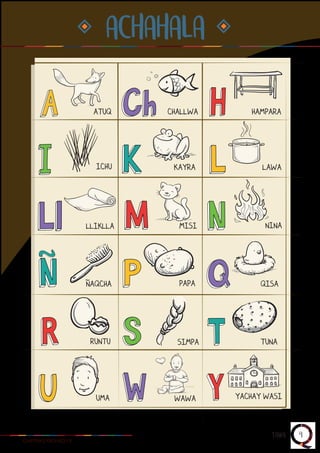 ATUQ CHALLWA HAMPARA
ICHU KAYRA LAWA
LLIKLLA MISI
NAQCHA PAPA QISA
RUNTU SIMPA TUNA
UMA WAWA YACHAY WASI
ACHAHALA
NINA
CHAYRAQ YACHAQ I-II
TAWA 4
 