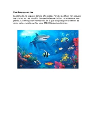 Cuantas especies hay
Lógicamente, no se puede dar una cifra exacta. Pero los científicos han calculado
que pueden ser casi un millón de especies las que habitan los océanos de este
planeta. La investigación internacional, en la que han participado científicos de
varios países, señala que hay hasta 972.000 especies diferentes.
 