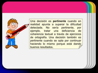 WINTER
Template
Una decisión es pertinente cuando en
realidad apunta a superar la dificultad
detectada. No sería pertinente, por
ejemplo, tratar una deficiencia de
coherencia textual a través de ejercicios
de ortografía. Una decisión también es
pertinente cuando se opta por continuar
haciendo lo mismo porque está dando
buenos resultados.
 