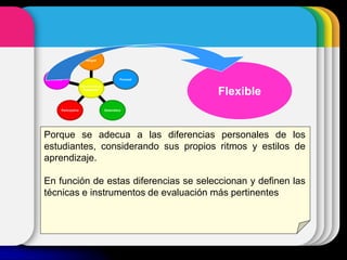 Flexible
Participativa Sistemática
Procesal
Integral
Características
Evaluación
Porque se adecua a las diferencias personales de los
estudiantes, considerando sus propios ritmos y estilos de
aprendizaje.
En función de estas diferencias se seleccionan y definen las
técnicas e instrumentos de evaluación más pertinentes
Flexible
 