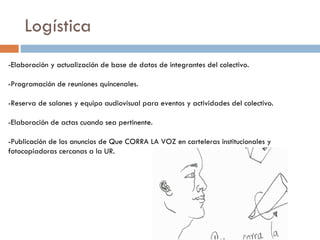 Logística -Elaboración y actualización de base de datos de integrantes del colectivo. -Programación de reuniones quincenales. -Reserva de salones y equipo audiovisual para eventos y actividades del colectivo. -Elaboración de actas cuando sea pertinente. -Publicación de los anuncios de Que CORRA LA VOZ en carteleras institucionales y fotocopiadoras cercanas a la UR. 