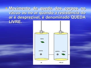 Movimento de queda dos corpos no vácuo ou no ar quando a resistência do ar é desprezível, é denominado QUEDA LIVRE. 