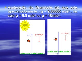 Aceleração da Gravidade (g) que vale aproximadamente :  g = 9,80665 m/s 2  , ou seja  g = 9,8 m/s 2  ou  g = 10m/s 2 . 