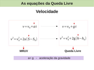As equações da Queda Livre

                     Velocidade


          v=v 0 +a t                    v=v 0 +g t


 2   2
v =v +2a (S−S 0 )
     0
                                      v 2=v 2 +2g(h−h0 )
                                            0




         MRUV                            Queda Livre

                a= g - aceleração da gravidade
 