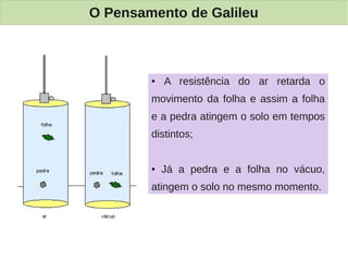O Pensamento de Galileu



        ●   A resistência do ar retarda o
        movimento da folha e assim a folha
        e a pedra atingem o solo em tempos
        distintos;


        ●   Já a pedra e a folha no vácuo,
        atingem o solo no mesmo momento.
 