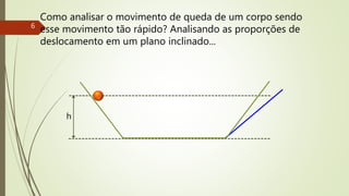 h
6
Como analisar o movimento de queda de um corpo sendo
esse movimento tão rápido? Analisando as proporções de
deslocamento em um plano inclinado...
 