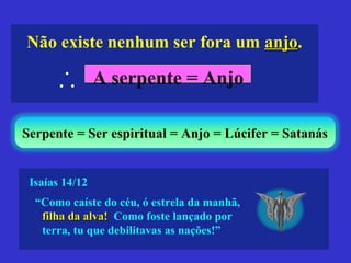 Isaías 14/12
“Como caíste do céu, ó estrela da manhã,
filha da alva!filha da alva! Como foste lançado por
terra, tu que debilitavas as nações!”
Serpente = Ser espiritual = Anjo = Lúcifer = Satanás
Não existe nenhum ser fora um anjoanjo.
A serpente = Anjo∴
 