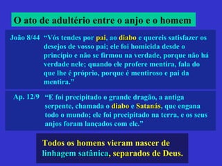 João 8/44 “Vós tendes por paipai, ao diabodiabo e quereis satisfazer os
desejos de vosso pai; ele foi homicida desde o
princípio e não se firmou na verdade, porque não há
verdade nele; quando ele profere mentira, fala do
que lhe é próprio, porque é mentiroso e pai da
mentira.”
Ap. 12/9 “E foi precipitado o grande dragão, a antiga
serpente, chamada o diabodiabo e SatanásSatanás, que engana
todo o mundo; ele foi precipitado na terra, e os seus
anjos foram lançados com ele.”
Todos os homens vieram nascer de
linhagem satânicalinhagem satânica, separados de Deus.
O ato de adultério entre o anjo e o homem
 