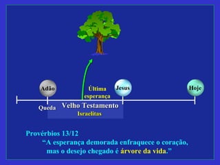 Última
esperança
QuedaQueda Velho TestamentoVelho Testamento
IsraelitasIsraelitas
“A esperança demorada enfraquece o coração,
mas o desejo chegado é árvore da vida.”
Provérbios 13/12
Jesus HojeAdão
 