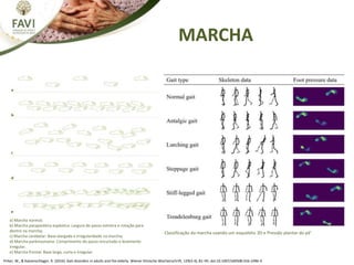 MARCHA
Pirker, W., & Katzenschlager, R. (2016). Gait disorders in adults and the elderly. Wiener Klinische Wochenschrift, 129(3-4), 81–95. doi:10.1007/s00508-016-1096-4
a) Marcha normal;
b) Marcha paraparética espástica: Largura do passo estreira e rotação para
dentro na marcha;
c) Marcha cerebelar: Base alargada e irregularidade na marcha;
d) Marcha parkinsoniana: Comprimento do passo encurtado e levemente
irregular.
e) Marcha frontal: Base larga, curta e irregular.
Classificação da marcha usando um esqueleto 3D e Pressão plantar do pé’
 