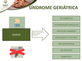 SÍNDROME GERIÁTRICA
PÉ DIABÉTICO
Menor reserva funcional
Multimorbidade
Polifarmácia
....
QUEDA
DEGENERAÇÃO MACULAR
INFECCÃO URINÁRIA
HIPOTENSÃO POSTURAL
PRÉ-SARCOPENIA
OA JOELHOS
DOMICÍLIO
 