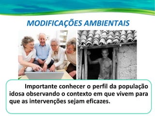 MODIFICAÇÕES AMBIENTAIS
Importante conhecer o perfil da população
idosa observando o contexto em que vivem para
que as intervenções sejam eficazes.
 