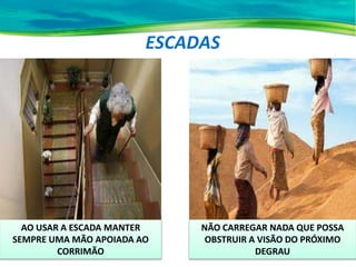 ESCADAS
NÃO CARREGAR NADA QUE POSSA
OBSTRUIR A VISÃO DO PRÓXIMO
DEGRAU
AO USAR A ESCADA MANTER
SEMPRE UMA MÃO APOIADA AO
CORRIMÃO
 