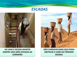 ESCADAS
NÃO CARREGAR NADA QUE POSSA
OBSTRUIR A VISÃO DO PRÓXIMO
DEGRAU
AO USAR A ESCADA MANTER
SEMPRE UMA MÃO APOIADA AO
CORRIMÃO
 
