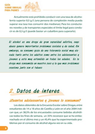 GUÍA
SOBRE DROGAS
PARA PADRES
Actualmente está prohibido conducir con una tasa de alcoholemia superior 0,5 g./l. (una persona de complexión media pueda
superar esa tasa tras consumir dos medianas). Para los conductores noveles y de transportes especiales el límite legal para conducir es de 0,3 g./l. (puede bastar un cubalibre para superarlo).

El alcohol es una droga de gran capacidad adictiva, cuyo
abuso genera importantes problemas sociales y de salud. Sin
embargo, su consumo goza de una tolerancia social muy elevada tanto entre los adultos como entre los adolescentes y
jóvenes y está muy extendido en todas las edades.

Es la

droga más consumida en nuestro país y la que más problemas
ocasiona junto con el tabaco

2. Datos de interés
¿Cuántos adolescentes y jóvenes lo consumen?
Los datos obtenidos de la Encuesta Escolar sobre Drogas, entre
estudiantes de 14 a 18 años de Castilla y León en el año 2004 indican que, un 38,5% de los encuestados consume bebidas alcohólicas todos los fines de semana, un 35% reconoce que se ha emborrachado en el último mes y un 45,4% que ha experimentado problemas por el consumo de alcohol alguna vez en su vida.
8

 