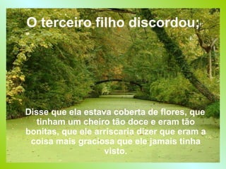 O terceiro filho discordou;   Disse que ela estava coberta de flores, que tinham um cheiro tão doce e eram tão bonitas, que ele arriscaria dizer que eram a coisa mais graciosa que ele jamais tinha visto. 