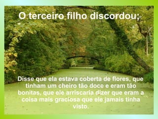 O terceiro filho discordou;   Disse que ela estava coberta de flores, que tinham um cheiro tão doce e eram tão bonitas, que ele arriscaria dizer que eram a coisa mais graciosa que ele jamais tinha visto. 