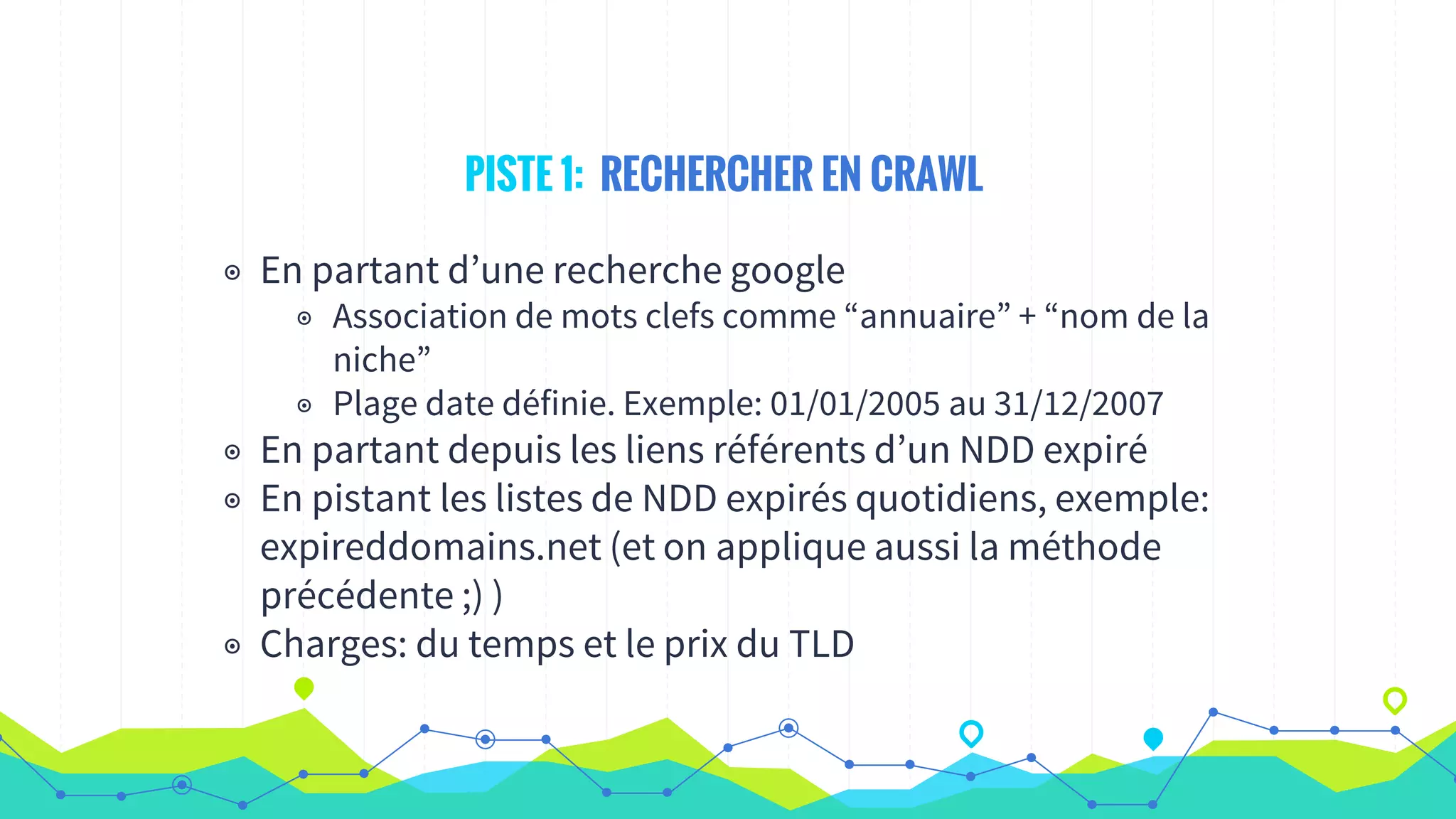 PISTE 1: RECHERCHER EN CRAWL
◉ En partant d’une recherche google
◉ Association de mots clefs comme “annuaire” + “nom de la
niche”
◉ Plage date définie. Exemple: 01/01/2005 au 31/12/2007
◉ En partant depuis les liens référents d’un NDD expiré
◉ En pistant les listes de NDD expirés quotidiens, exemple:
expireddomains.net (et on applique aussi la méthode
précédente ;) )
◉ Charges: du temps et le prix du TLD
 