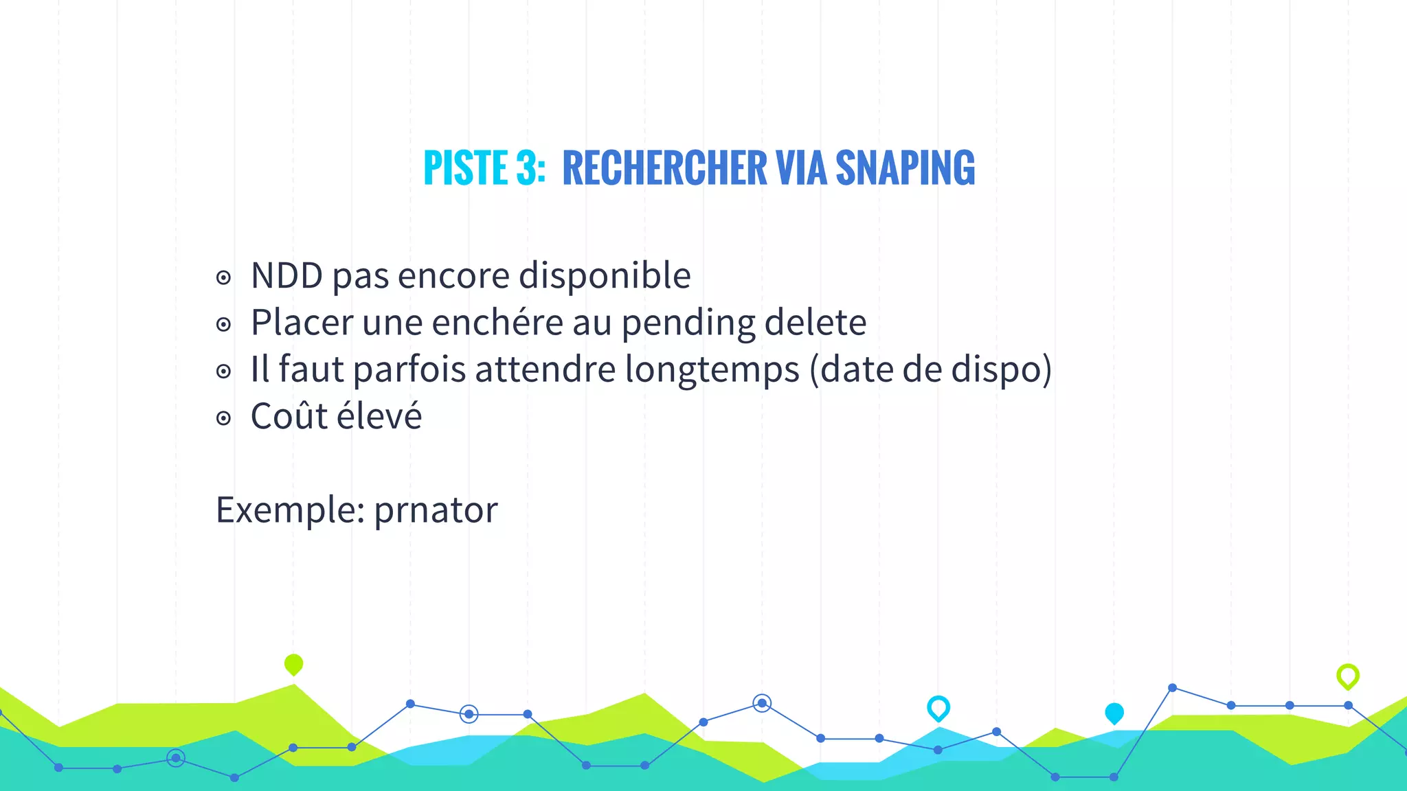 PISTE 3: RECHERCHER VIA SNAPING
◉ NDD pas encore disponible
◉ Placer une enchére au pending delete
◉ Il faut parfois attendre longtemps (date de dispo)
◉ Coût élevé
Exemple: prnator
 