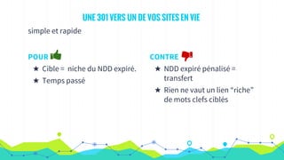 UNE 301 VERS UN DE VOS SITES EN VIE
simple et rapide
POUR
★ Cible = niche du NDD expiré.
★ Temps passé
CONTRE
★ NDD expiré pénalisé =
transfert
★ Rien ne vaut un lien “riche”
de mots clefs ciblés
 