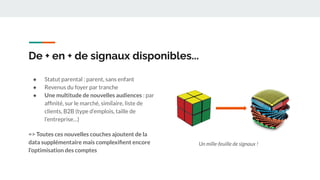 De + en + de signaux disponibles...
● Statut parental : parent, sans enfant
● Revenus du foyer par tranche
● Une multitude de nouvelles audiences : par
afﬁnité, sur le marché, similaire, liste de
clients, B2B (type d’emplois, taille de
l’entreprise…)
=> Toutes ces nouvelles couches ajoutent de la
data supplémentaire mais complexiﬁent encore
l’optimisation des comptes
Un mille-feuille de signaux !
 